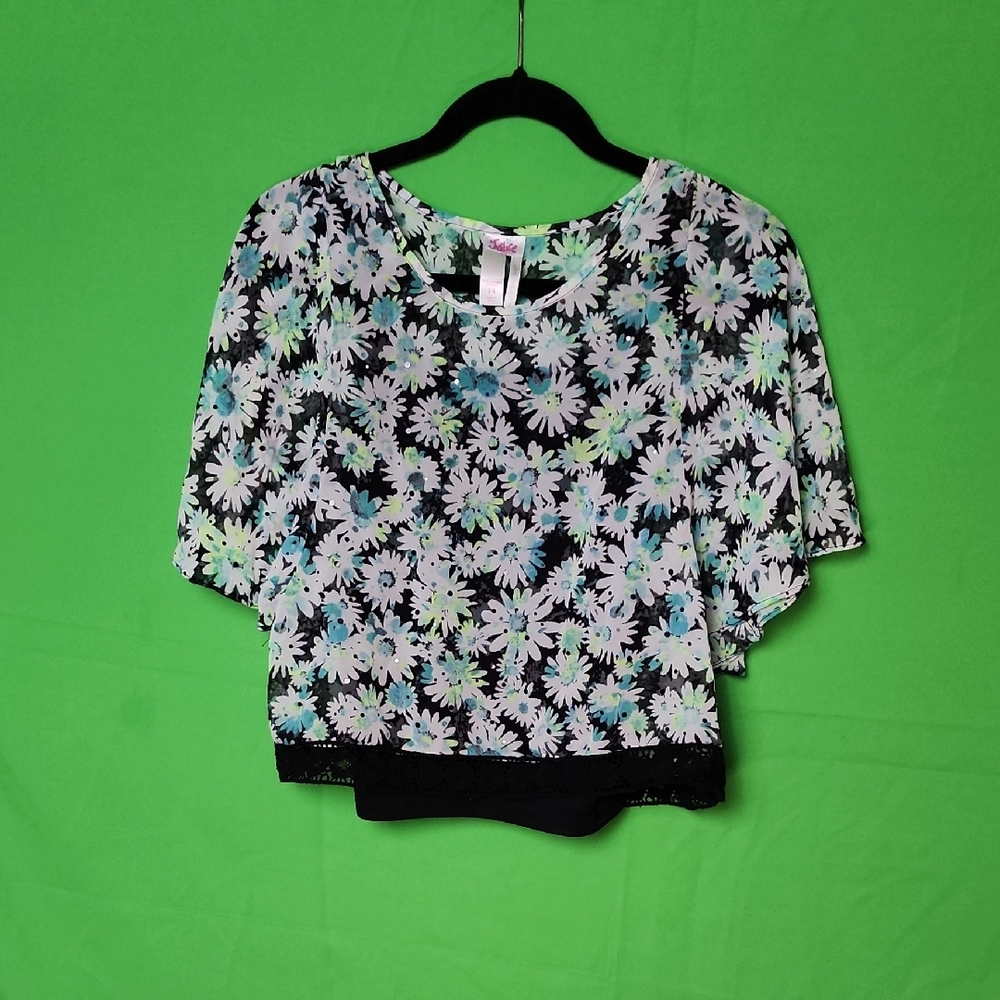 Justice Black Floral Layered Crop Top with White & Aqua Flowers Size 14